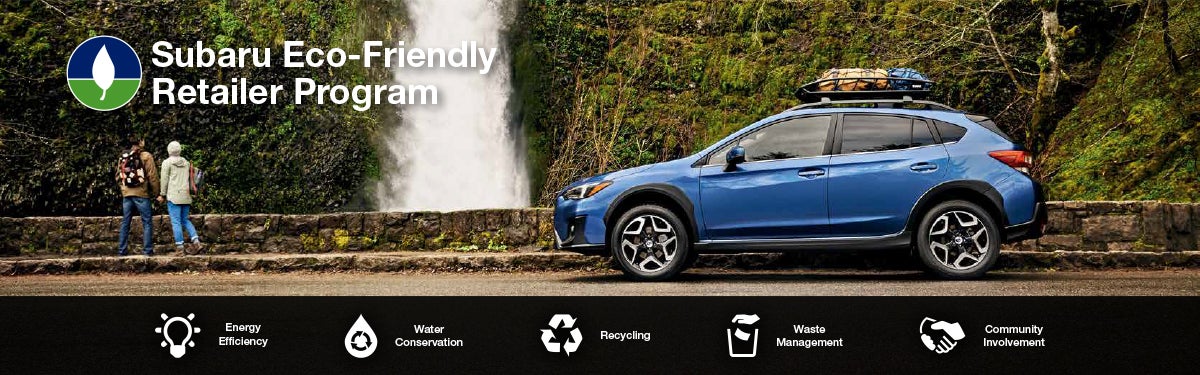 The Subaru Eco-Friendly Retailer Program logo with a blue Subaru and eco icons at bottom. | Stevens Creek Subaru in Santa Clara CA