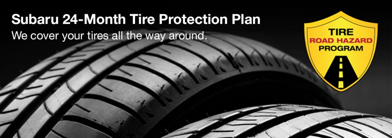 Subaru tire with 24-Month Tire Protection and road hazard program logo. | Stevens Creek Subaru in Santa Clara CA