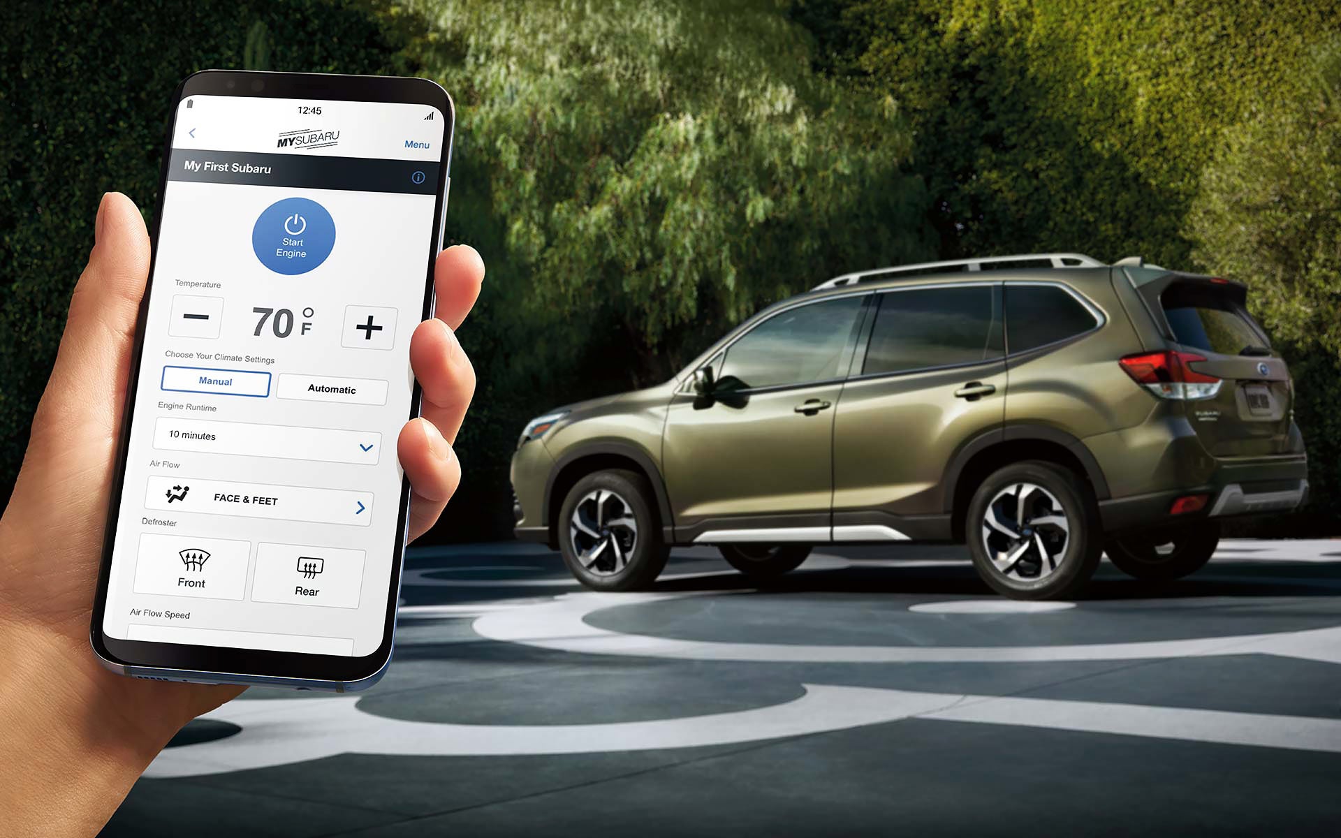 A close-up of a phone showing the Remote Engine Start with Climate Control feature of SUBARU STARLINK® Safety and Security available on the 2022 Forester. | Stevens Creek Subaru in Santa Clara CA