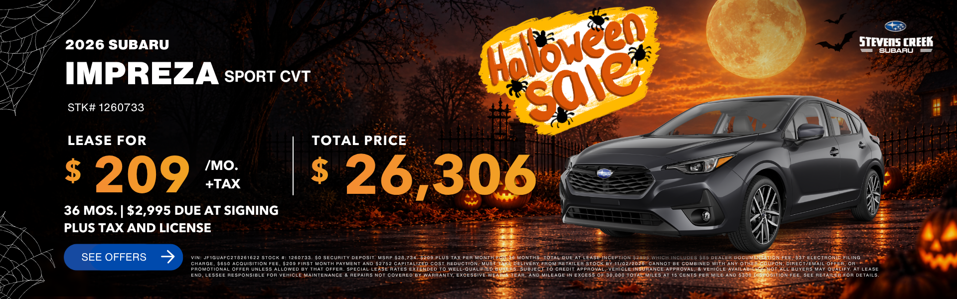 2026 Impreza Sport CVT lease for $209/mo plus tax